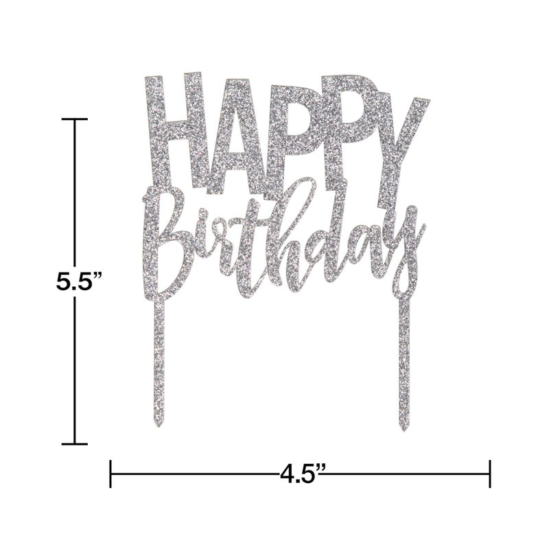 Happy Birthday Silver Acrylic Cake Topper